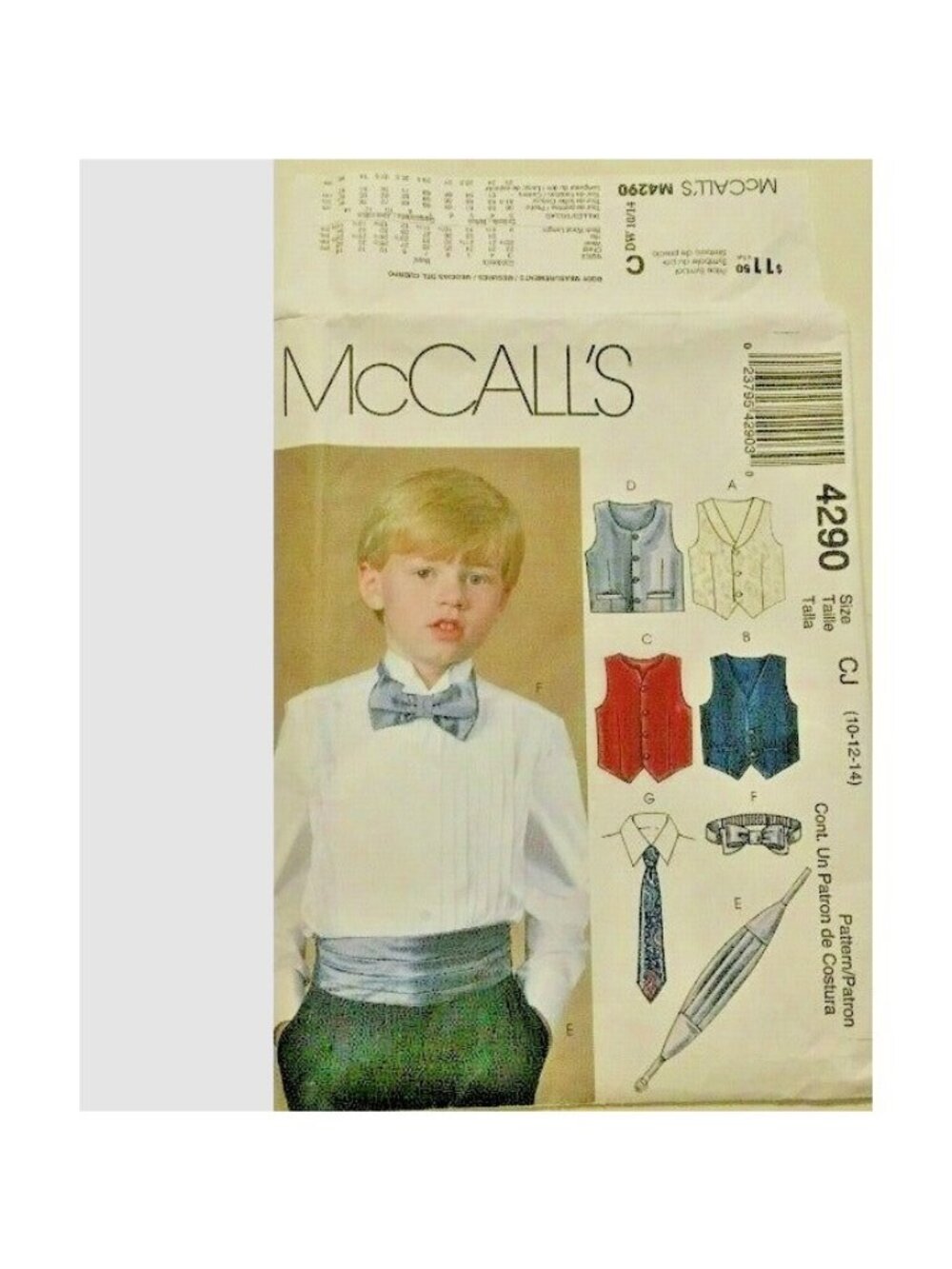 Vintage Sewing Pattern McCalls 4290 Boys Vests Cummerbund 10-14 Uncut New